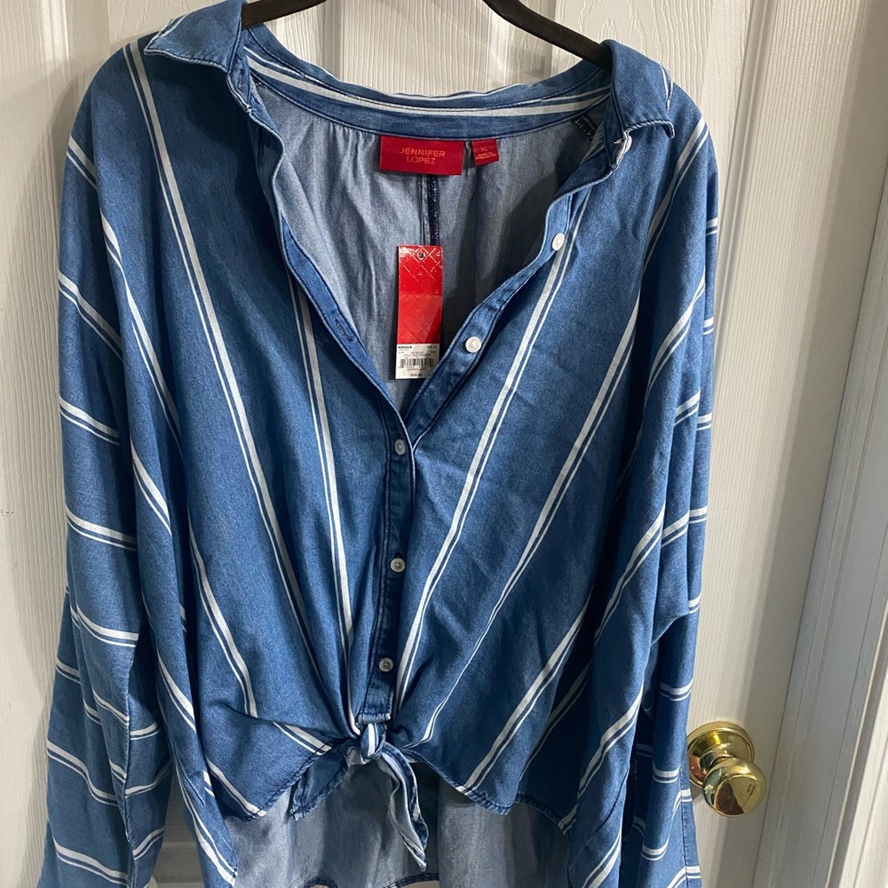 Jennifer Lopez Blue and White Striped Tie-Front Button-Up Shirt